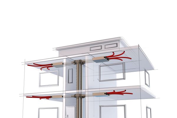 Das Schema zeigt Lüftungsanlagen mit einem gebäudezentralen Lüftungsgerät in Wohnungen.