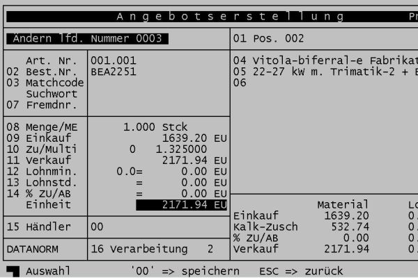 Screenshot eines Projektauftrags in der DOS-Version von 