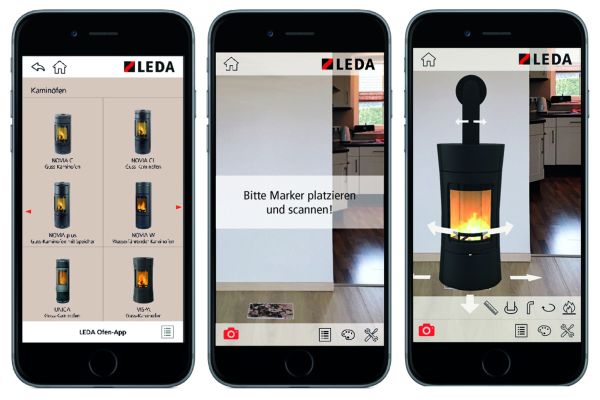 Drei Smartphone-Bildschirme zeigen die Ofen-App von Leda an.