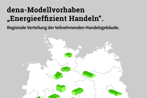 Die Deutschlandkarte zeigt die teilnehmenden Handelsgebäude am dena-Modellvorhaben 