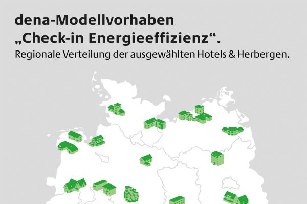 Die Deutschlandkarte zeigt die Verteilung der ausgewählten Herbergen & Hotels am dena-Modellvorhaben 