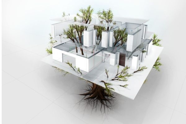 Die Grafik zeigt einen Baum, der durch das Modell einer Wohnung wächst.