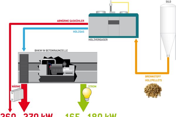 Die Grafik zeigt den Energiefluss der Kraft-Wärme-Kopplung mit Holzpellets in einem Holzpellet-BHKW.