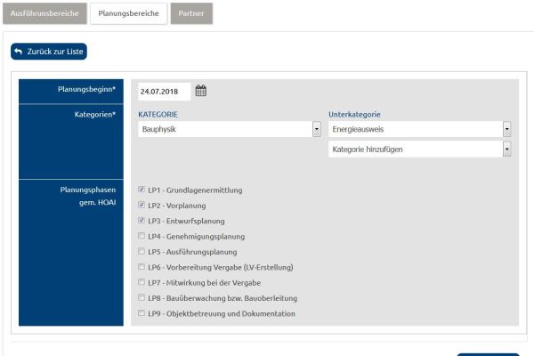 Screenshot des Leistungsprofils für die Planungpartnersuche auf www.project–team-finder.de.