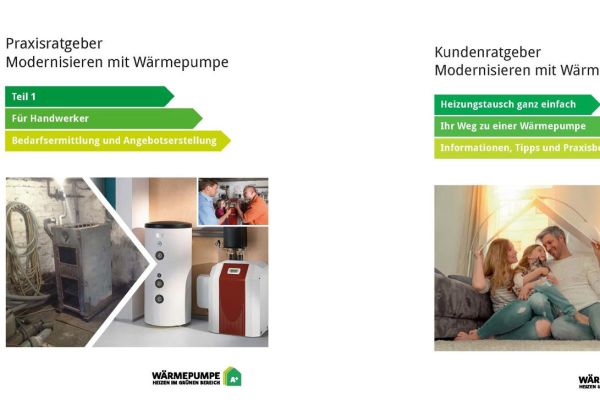 Titelseiten zweier Ratgeber zum Thema Modernisieren mit Wärmepumpen.