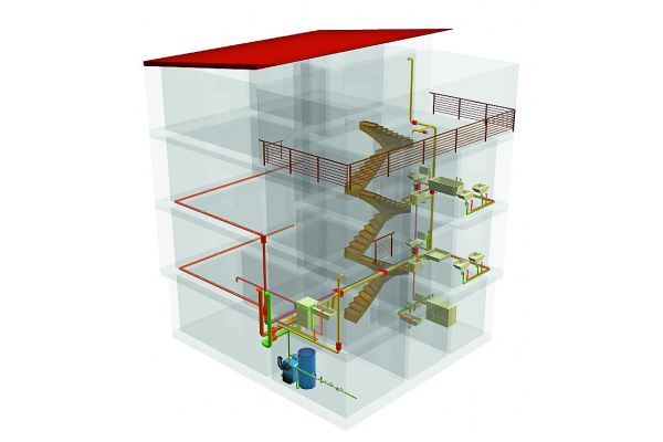 Ein Gebäude mit seiner Anlagentechnik dreidimensional visualisiert