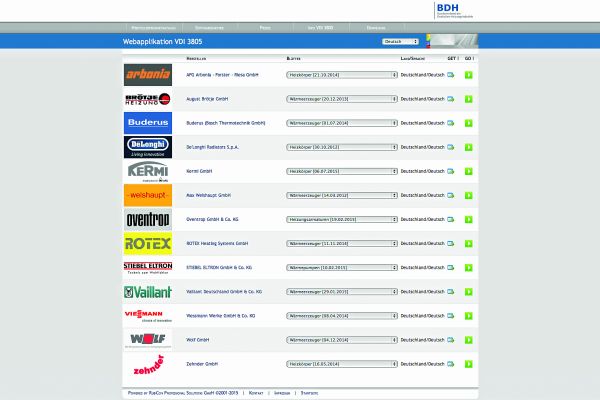 Screenshot von der Startseite der Webapplikation VDI 3805
