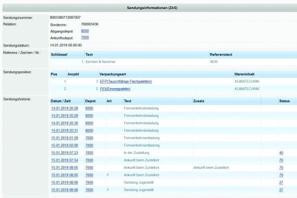 Screenshot einer Versandbenachrichtigung im Swegon-Trackingsystem.