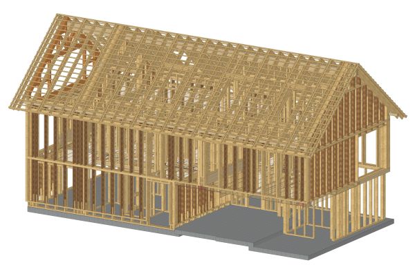 BIM-Modell des Tragwerks und weiterer Holzbaustoffe eines Gebäudes in Holzständerbauweise.