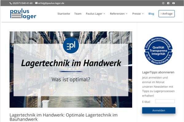 Screenshot des Info-Blogs der Paulus-Lager GmbH.