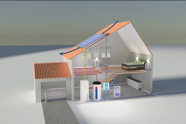 Grafik eines Hauses mit einem Sonnenkollektor auf dem Dach.