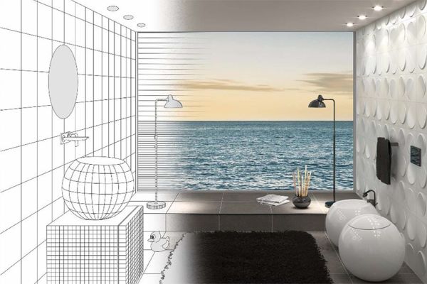 Bildmontage aus Planungszeichnung eines Bades und einem 3D-Modell.